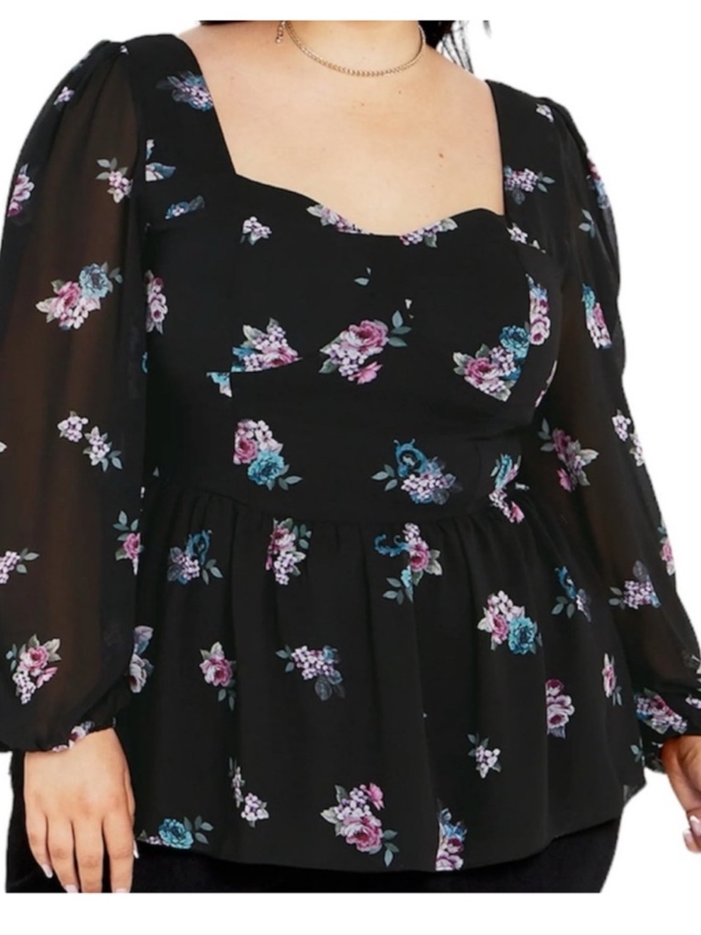 City Chic Black Jemina Floral Sweetheart Neck Line Babydoll Blouse. Size 12. NWT
